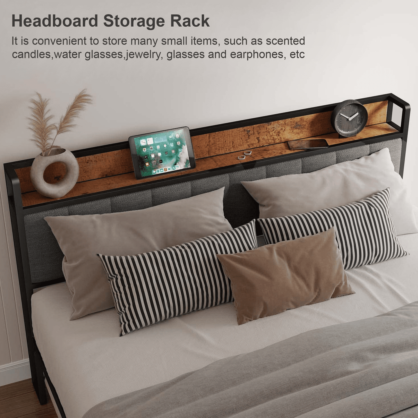 Dowellia Full Size Bed Frame with Upholstered Storage Headboard and Wood Footboard, Gray