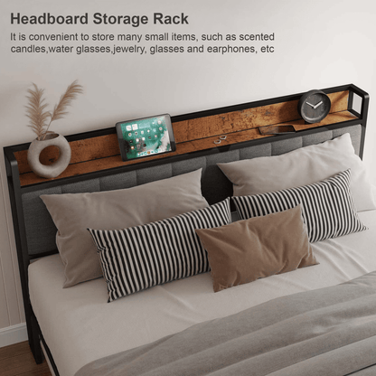 Dowellia Full Size Bed Frame with Upholstered Storage Headboard and Wood Footboard, Gray