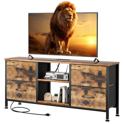 Dowellia Living Room 43-inch TV Stand with Electrical Outlet and 4 Fabric Cabinets, Brown wooden panel