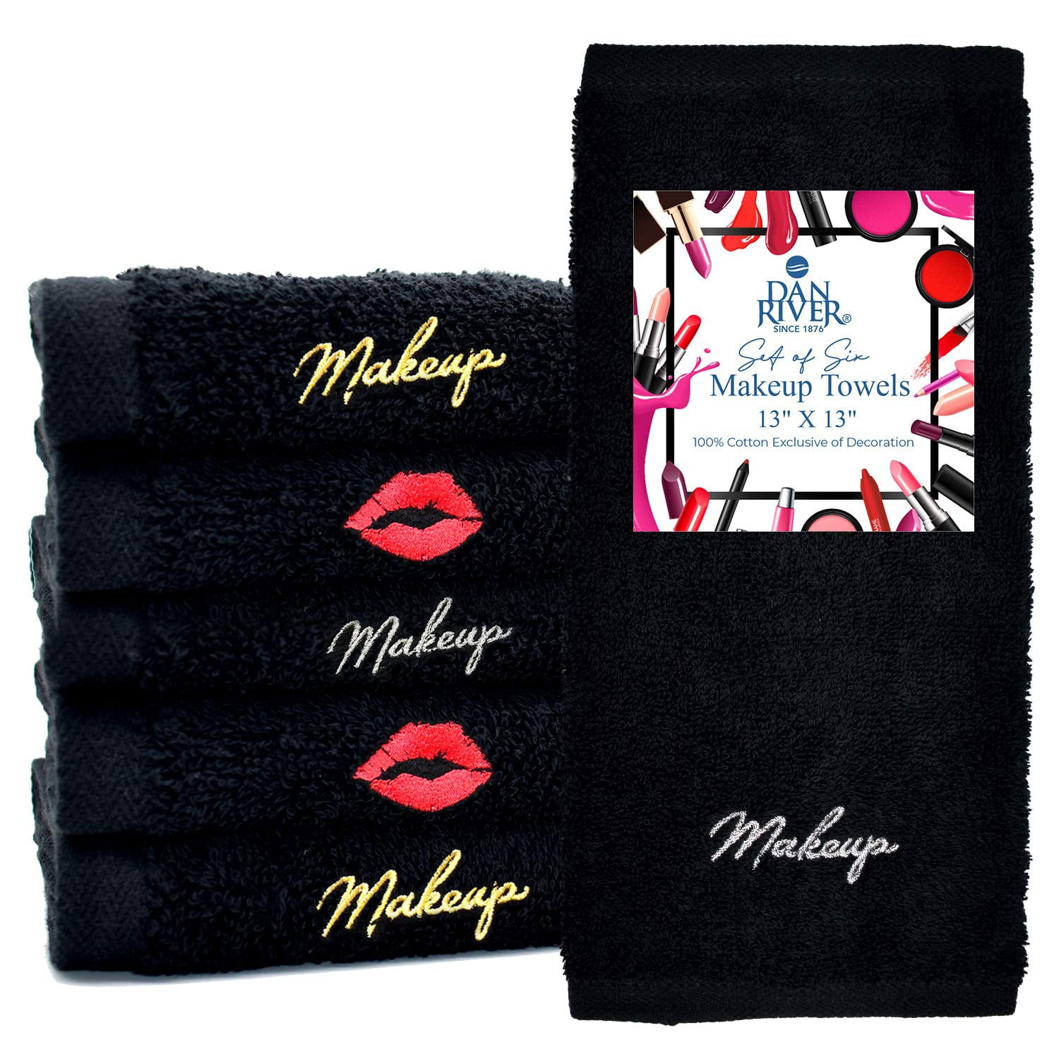 DAN RIVER 100% Cotton Makeup Towel- 13x13 Black Towels-Makeup Remover Cloth-Luxury Washcloths for Gentle Face Wash, Removing Eye Liner, Mascara, Foundation Eraser-Soft and Lightweight, Pack of 6