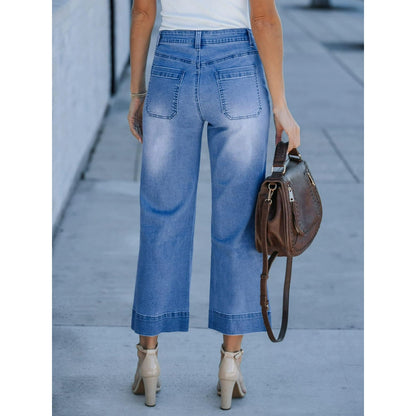 Women's Wide Leg Jeans Denim Pants Crop Flare Leg Jeans High Waisted Stretchy Straight Leg with Buttoned AnklesTrendy Casual with Pocket
