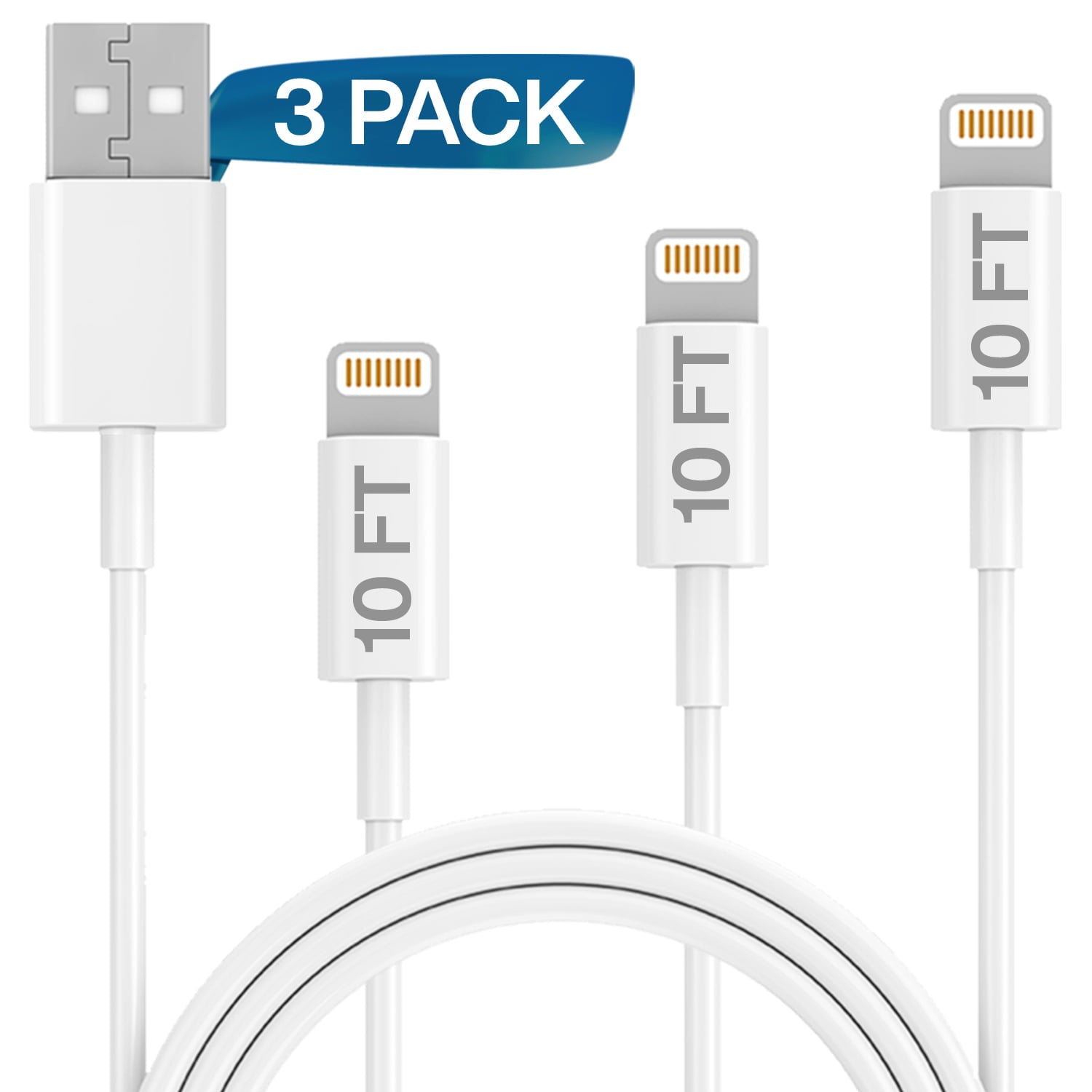 iPhone Charger Lightning Cable - Ixir, 3 Pack 10FT USB Cable, For Apple iPhone Xs,Xs Max,XR,X,8,8 Plus,7,7 Plus,6S,6S Plus,iPad Air,Mini,iPod Touch,Case Original Size