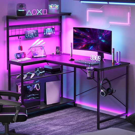 42 inch Gaming Desk with Power Outlet，Reversible L Shaped Computer Desk with Hutch & Storage Shelves, Carbon Fiber Style