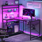 42 inch Gaming Desk with Power Outlet，Reversible L Shaped Computer Desk with Hutch & Storage Shelves, Carbon Fiber Style