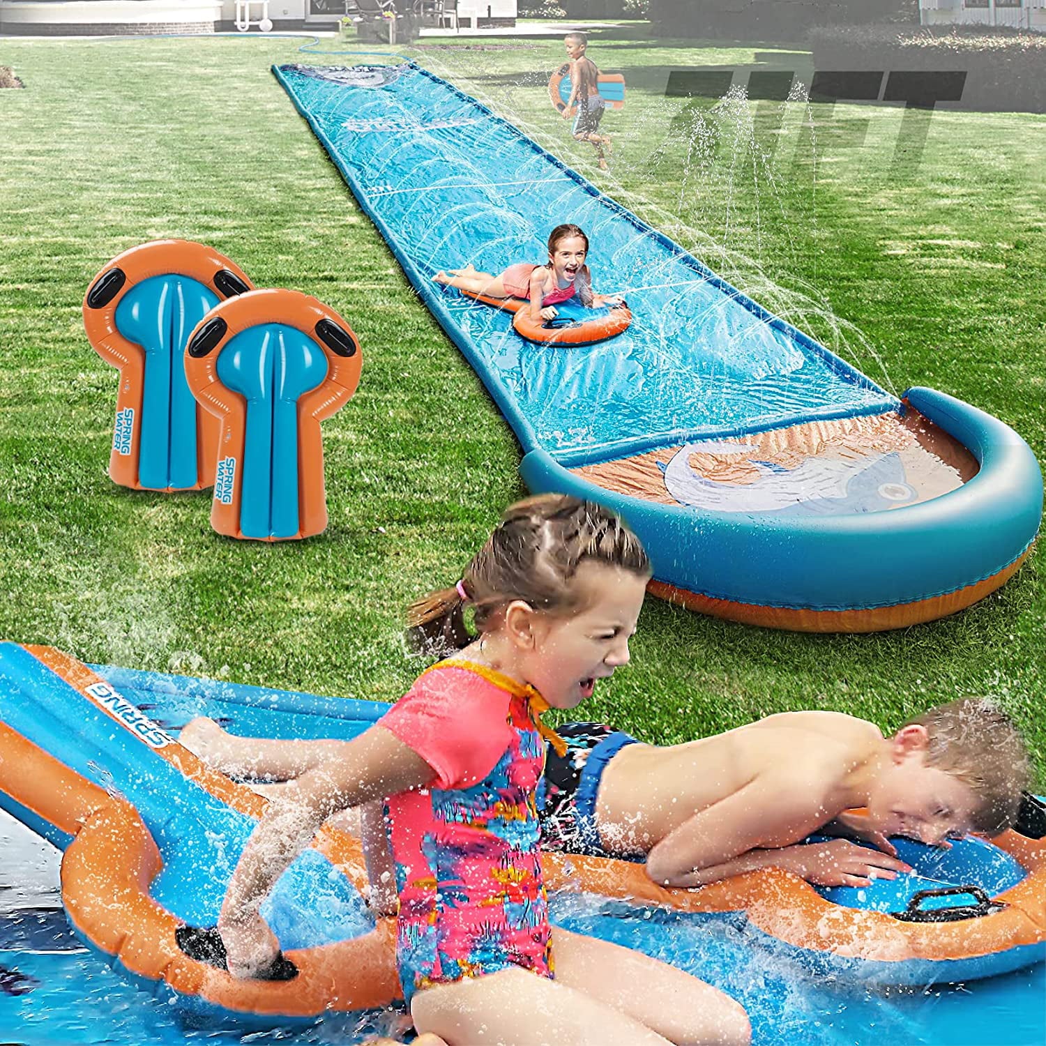 Terra Slip Water Slide, Extra Long 31ft Racing Slip for Kids And Adults Outdoor, Giant Slip Water Slide with Water Curtain in Both Side with 2 Bodyboards-Light Blue (31ft)