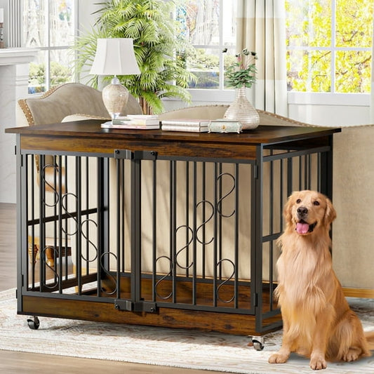 48 Inch Dog Cage Furniture for Extra Large Dog, Double-Doors Heavy Duty Dog Crate with 360° Caster Wheels, Dog Kennel Indoor Decorative Pet House Dog Cage Table, Brown