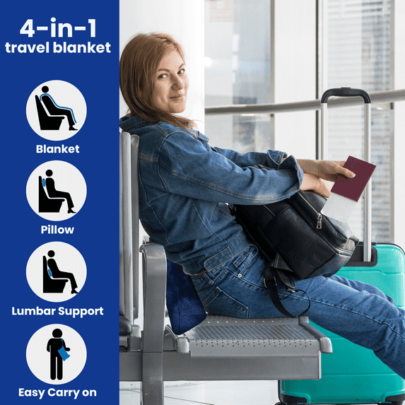 Strlinen 2-in-1 Travel Blanket & Pillow – Soft Airplane Blanket with Luggage Sleeve & Backpack Clip, Blue