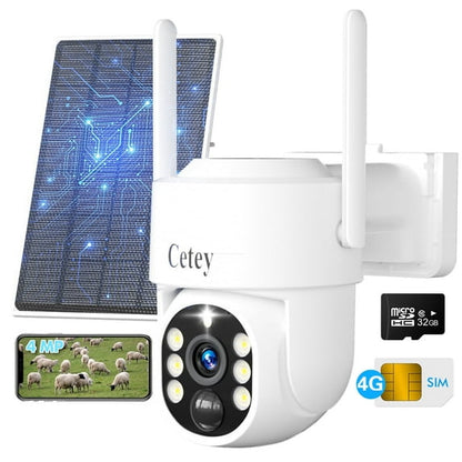 4G LTE Cellular Security Camera Wireless Outdoor, No WiFi Solar Powered Camera for Farms, Ranches, Estates Surveillance, 2K Color Night Vision, 360°PTZ, 2-Way Audio, PIR Motion Sensor