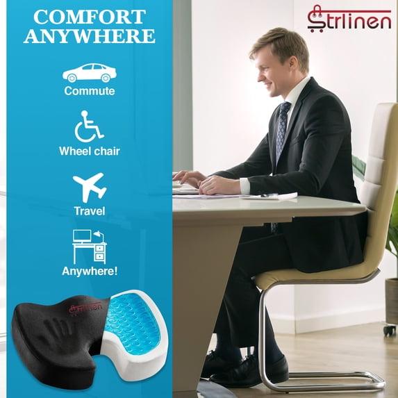 Strlinen Gel Seat Cushion – Memory Foam Coccyx & Tailbone Support, Cooling Office Chair & Car Seat Cushion