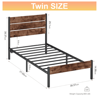 Dowellia Twin Bed Frame with Headboard and Footboard, Metal Support, Rustic Brown
