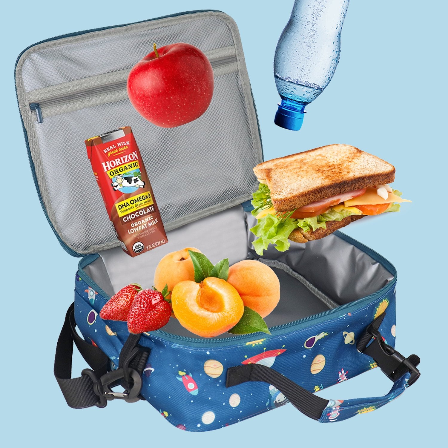 Mesa Space Lunch Box for Kids - Kids Lunchbox for School, Daycare, Kindergarten - Insulated Lunch Box for Girls & Boys - With Handle, Shoulder Strap, Zipper Front Pocket & Side Bottle Holder