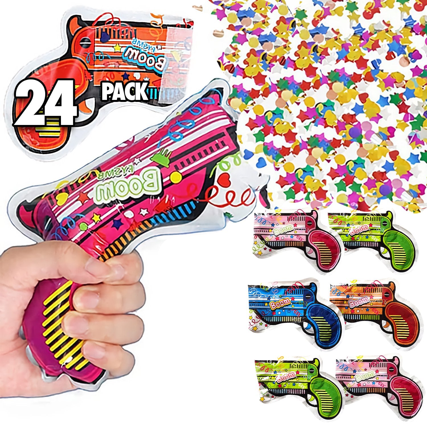 Boxgear 24 PCS Fireworks Gun, Handheld Confetti Poppers, Easy Pop, Self-Inflating Confetti Gun, Multicolor Confetti Supplies for Parties and Celebrations