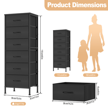 EZKAMFORT 6-Fabric Drawer Dresser for Bedroom Tall, Tall Fabric Chest of Drawers, Black Dresser of Clothes Drawer for Bedroom, Living Room