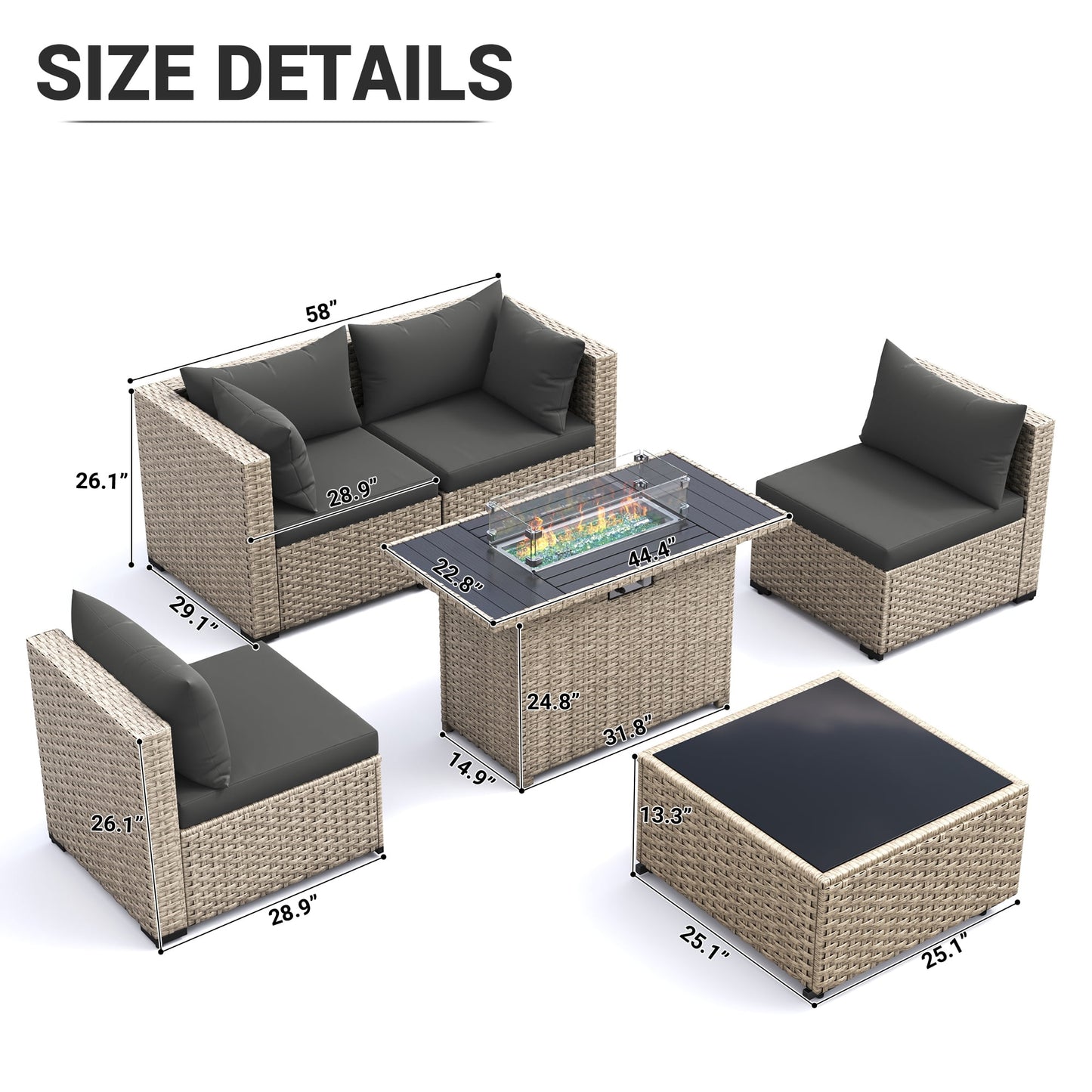 MRUAKA Outdoor Patio Furniture Set, 6-Piece Modular Sectional Sofa With Tea Table、Gas stove table and Free Cushion, PE Wicker Outdoor Conversation Set for Patio, Garden, Backyard, Gray