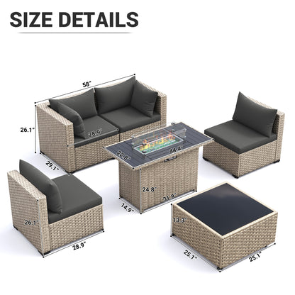 MRUAKA Outdoor Patio Furniture Set, 6-Piece Modular Sectional Sofa With Tea Table、Gas stove table and Free Cushion, PE Wicker Outdoor Conversation Set for Patio, Garden, Backyard, Gray