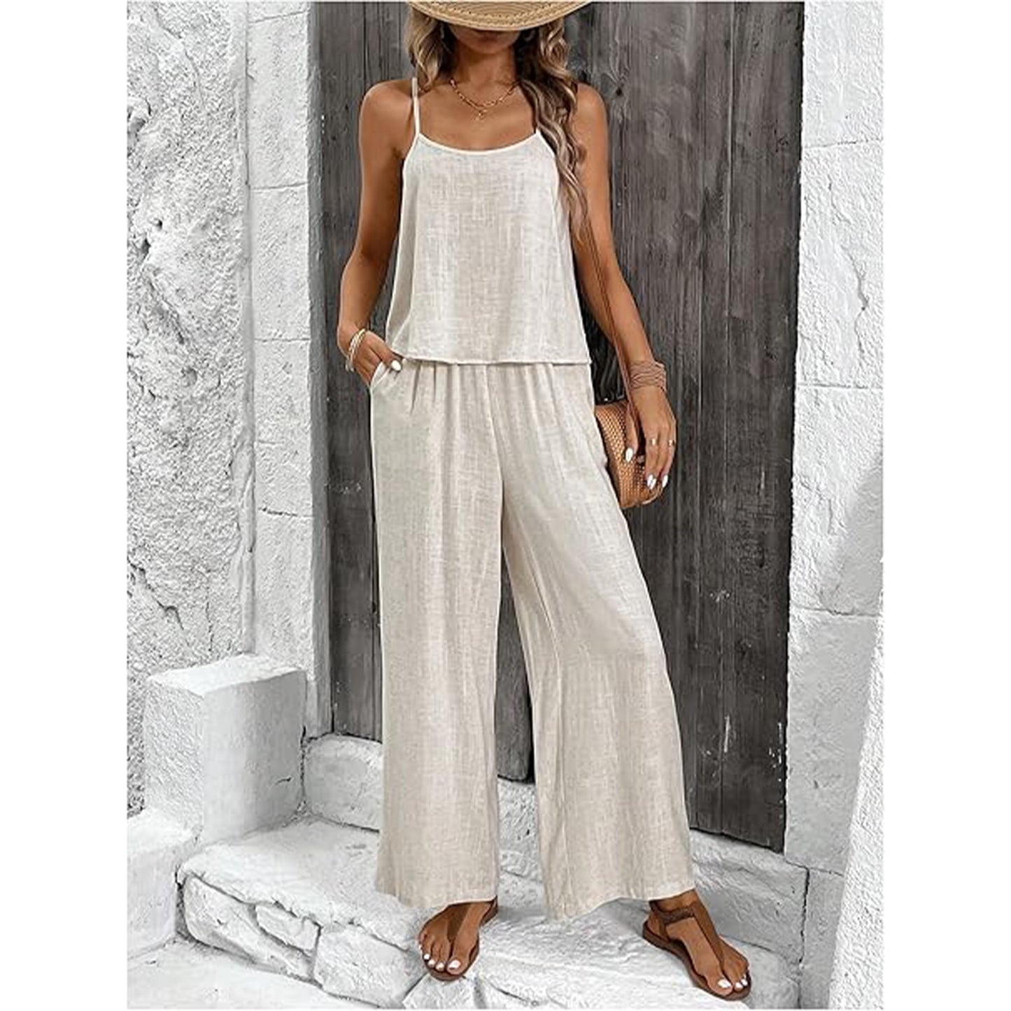 Women's Two-Piece Lounge Set Summer Travel Beach Vacation Suits Solid Sleeveless Cami Top High Waist Wide Leg Pants Casual Leisure Suit Outfit Beige