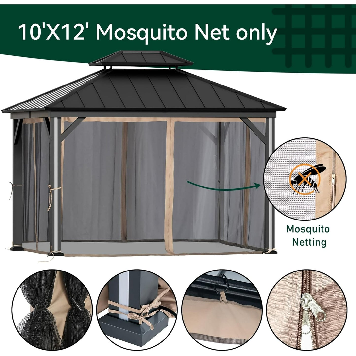 MODERN SHADE universal 4-Panel Mosquito Netting for 10x12 Gazebo,Patio Canopy Replacement with Zipper