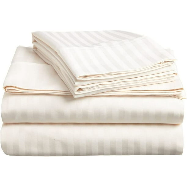 Bedding Series 600 Thread Count 100% Long Staple Cotton Twin Size 4 Piece Sheet Set Fit 15" Inch to 18" Inch Deep Pocket Ivory Stripe Color