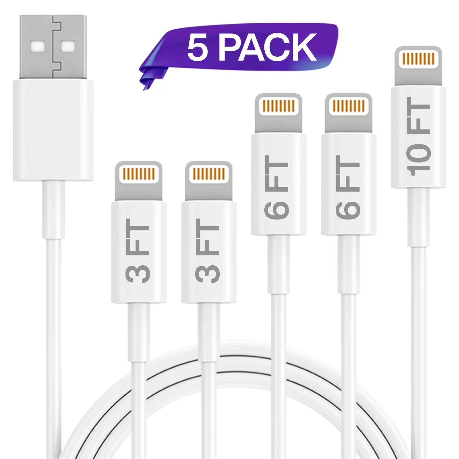 iPhone Charger Lightning Cable - ,5 Pack (2 x 3FT, 2 x 6FT, 10FT) USB Cable, For Apple iPhone xs, xs Max, xr, x,8,8Plus,7,7Plus,6S,6SPlus, iPad Air, Mini, iPod Touch, Case Original Size
