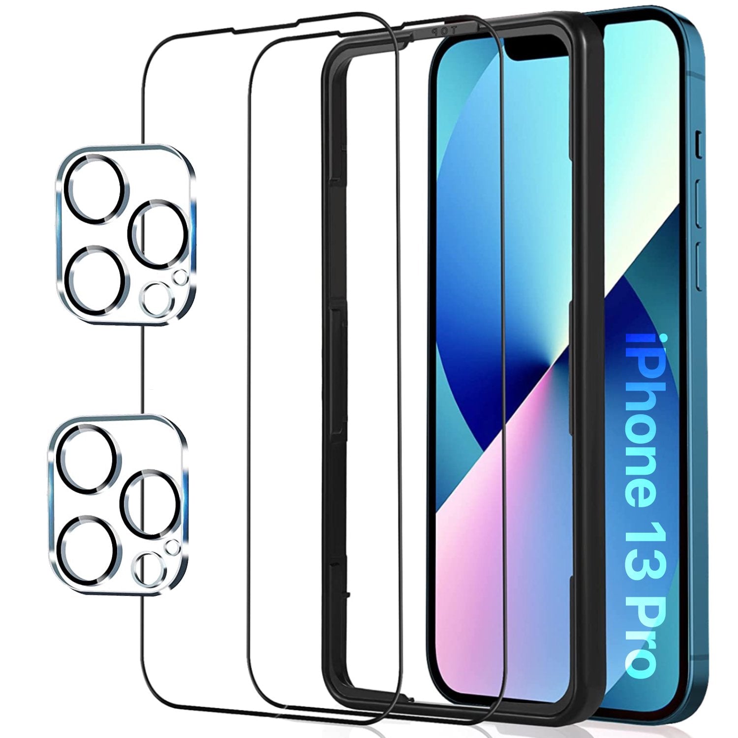 Gianna (2+2 Pack) Compatible with iPhone 13 Pro Tempered Glass Full Cover Anti-Shatter Bubble-Free Installation Case Friendly Edge to Edge Protection Tempered Glass with Installation Frame+ Cam