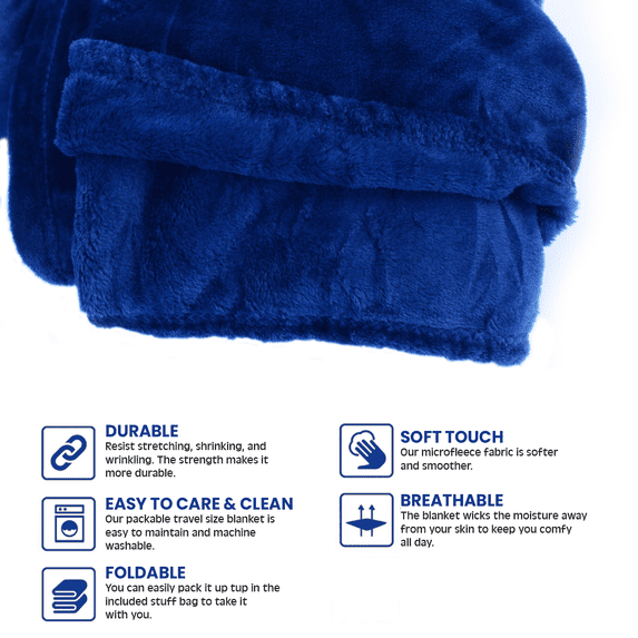 Strlinen 2-in-1 Travel Blanket & Pillow – Soft Airplane Blanket with Luggage Sleeve & Backpack Clip, Blue