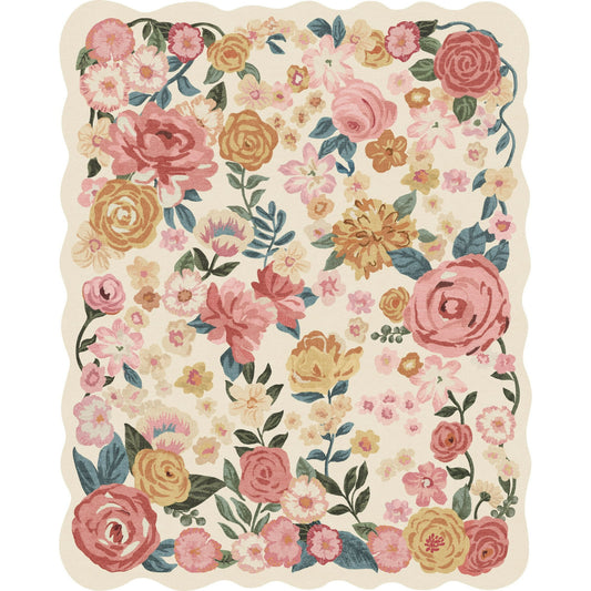 WIPONKEN 8x10 Floral Area Rugs Machine Washable Non-Slip Botanical Scalloped Rug for Living Room Bedroom, Modern Farmhouse Floor Mat with Vintage Flowers Pattern, Home Decor Indoor Low Pile Beige