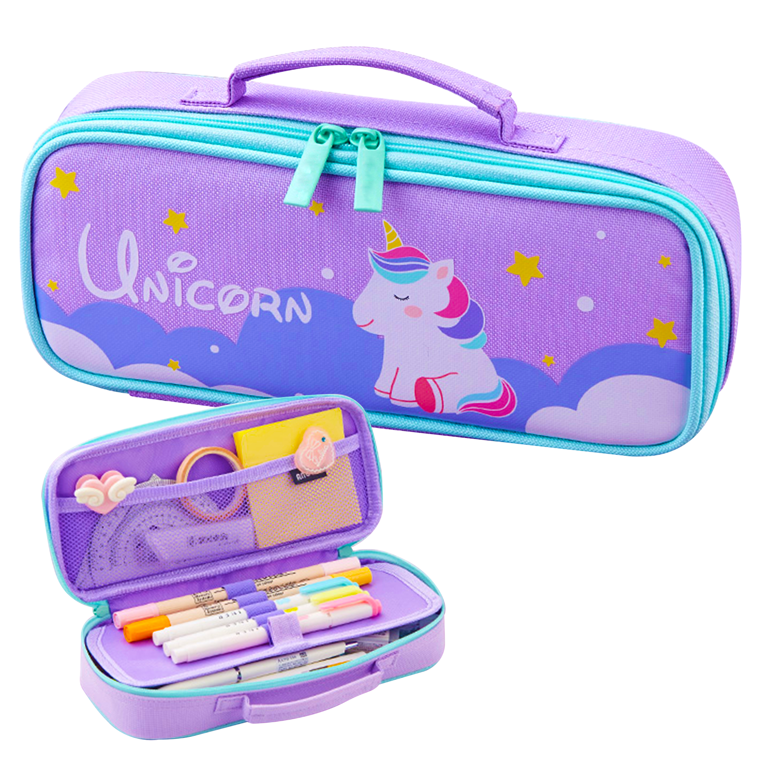 Alder Cute Unicorn Pencil Case- Pen Holder Box With Pouch Bag Stationery Organizer - Purple