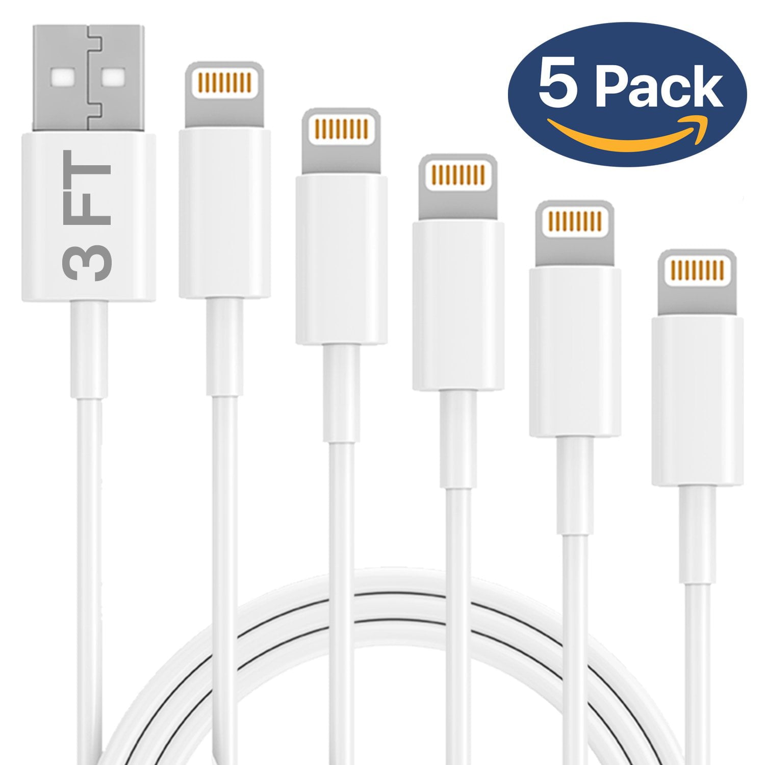 Petal 2.1Amp High-Power White Charger Lightning Cable for iPhone11 Pro, 13 Pro, 13 Pro Max, Xs, XS Max, X, 8, 8 Plus, 7, 7 Plus, 6S, 6, 6 Plus, 5S, iPad Mini Pack of 5