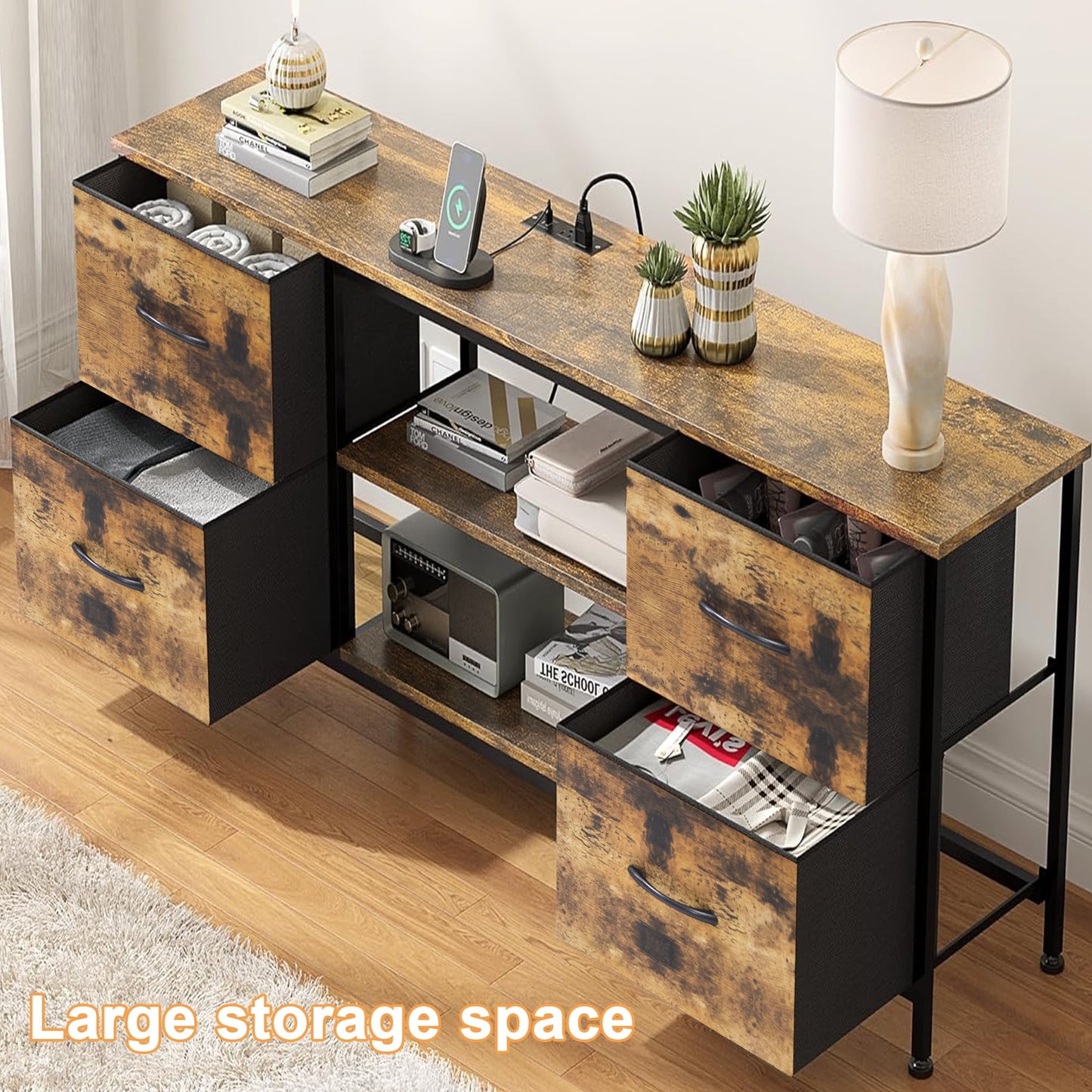 Dowellia Living Room 43-inch TV Stand with Electrical Outlet and 4 Fabric Cabinets, Brown wooden panel