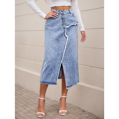 Women's Denim Skirt Long Jean Dress High-Waist Front Split Frayed Raw Hem A-Line Skirt with Pockets Casual Light Blue
