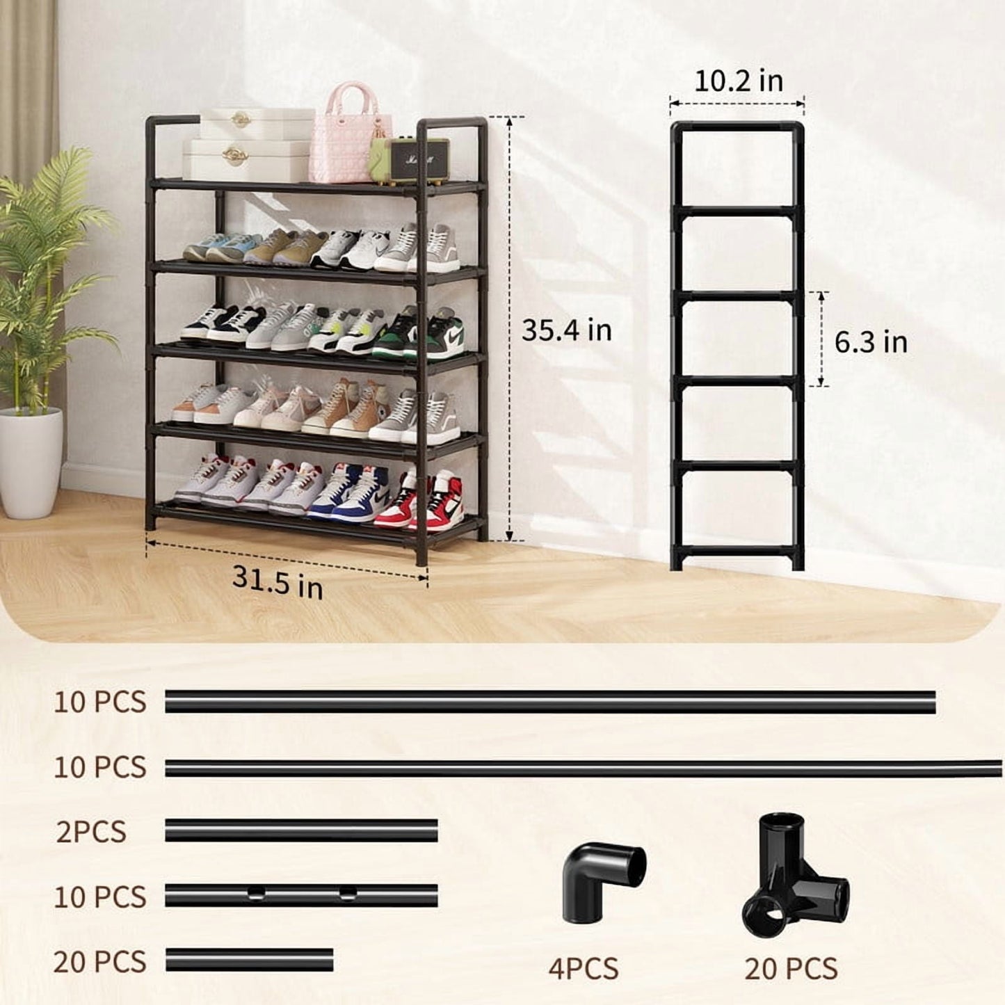 Krpimt 5-Tier Shoe Rack, 31.5" Stackable Shoe Organizer Storage Holds 15-20 Pairs, Metal Shoe Shelf for Entryway Hallway and Closet, Black
