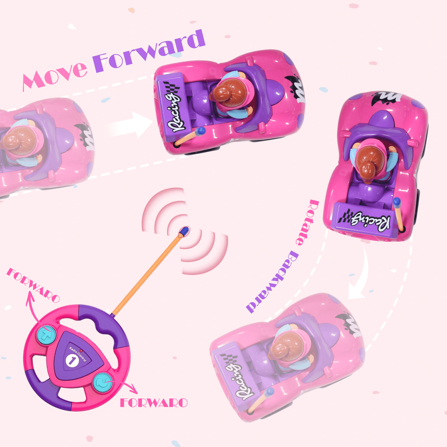 FRESHE Cartoon Remote Control Car, Rc Car with LED Lights & Music, Cars Toys for Ages 2-4,（Pink）