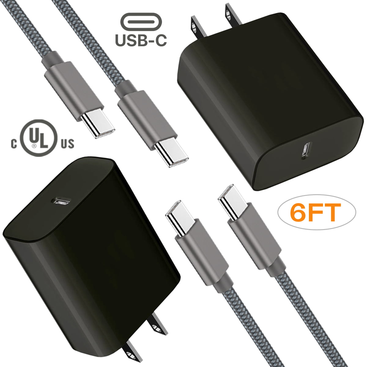 USB-C Charger with 18W Power Delivery 3.0, Quick Charger Set Compatible with Samsung Galaxy Note10, Note10+, Note10+ 5G, 2x Type-C Cable (6ft) + 2x Wall Charger, 60% faster charging