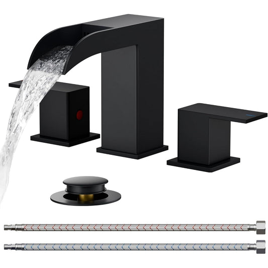 TVOFEK 8 inch Waterfall Bathroom Faucet 3 Hole, Matte Black Bathroom Sink Faucet with Metal Pop-up Drain, 2 Handle Stainless Steel Bathroom Water Faucets for Vanity Lavatory Restroom RV
