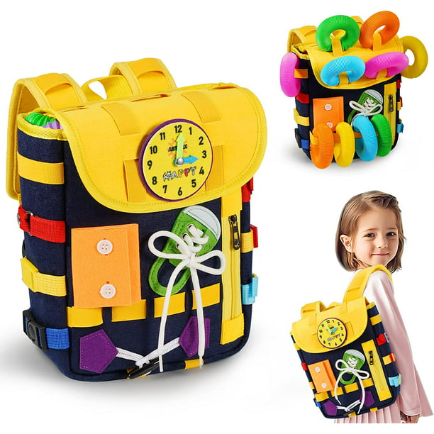 Terra Toddler Busy Board,30-in-1 Backpack Learning Activity Toys with 10 Pcs Pop Tubes Fidget Toys for Kids 1 2 3 Years Old