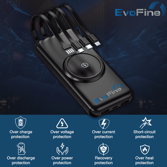 EvoFine Wireless Power Bank, Portable Charger with Built-in 4 Cables, Power Bank 20000mAh Charger