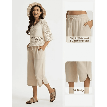 WQD Women's Capri Pants High Waisted Linen Wide Leg Trousers Summer Casual Palazzo Work Pants with Pockets
