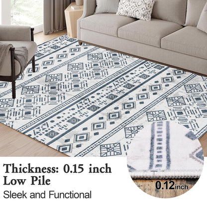 8x10 Rugs for Living Room Black, Washable Boho Area Rug Non-Slip, Ultra Soft Geometric Tribal Traditional Farmhouse Carpet for Dining Room Bedroom Dorm Office Home Decor