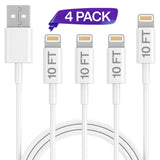 Ixir, iPhone Charger Lightning Cable Set, 4 Pack 10FT USB Cable, For Apple iPhone Xs,Xs Max,XR,X,8,8 Plus,7,7 Plus,6S,6S Plus,iPad Air,Mini/iPod Touch/Case, Certified Charging & Syncing Cord