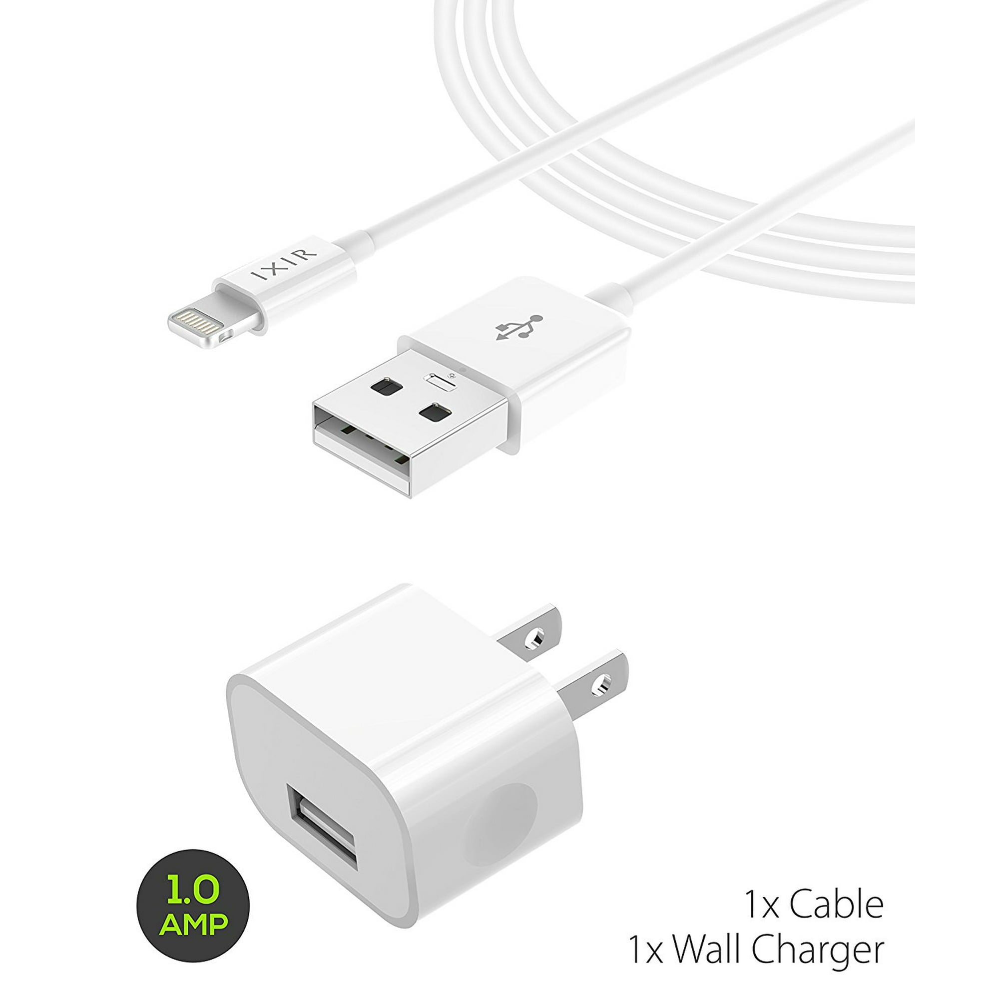 Nano 7th Charger Lightning Cable Kit Compatible with iPhone by Ixir - {1 Wall Charger 1 Cable}, USB Cables (White)
