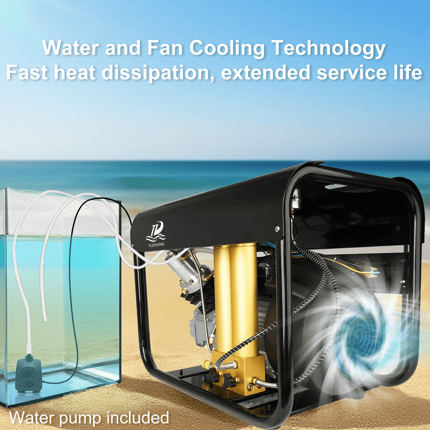 TUDIVING PCP Air Compressor, 4500psi Pcp Compressor Auto stop with Water and Fan Cooling, Triple Filtration for Scuba