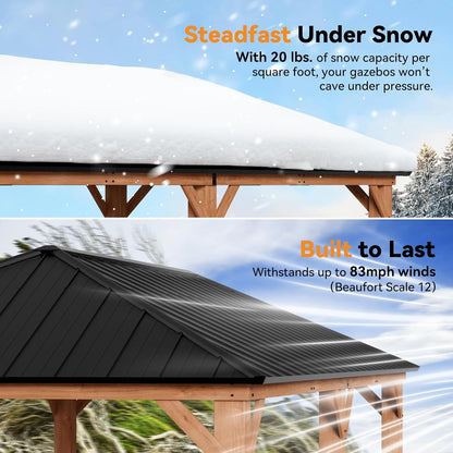 Modern Shade 12x24 Wood Hardtop Gazebo with Steel Roof,Curtains&Netting,Outdoor Grill Pavilion