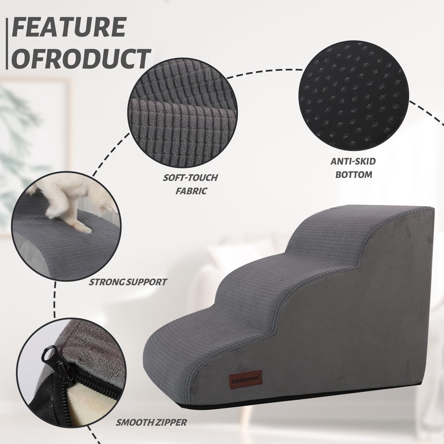 OEIKPFN 3 Tiers Dog Ramp and Stairs for Beds Or Couches - Non-Slip Sturdy Pet Steps - for Small Dogs to get on High Bed