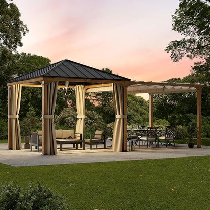 ModernShade 10'x20' Pergola Hybrid Gazebo with Adjustable Shade Fabric,Hardtop Roof,Privacy Curtains,Brown