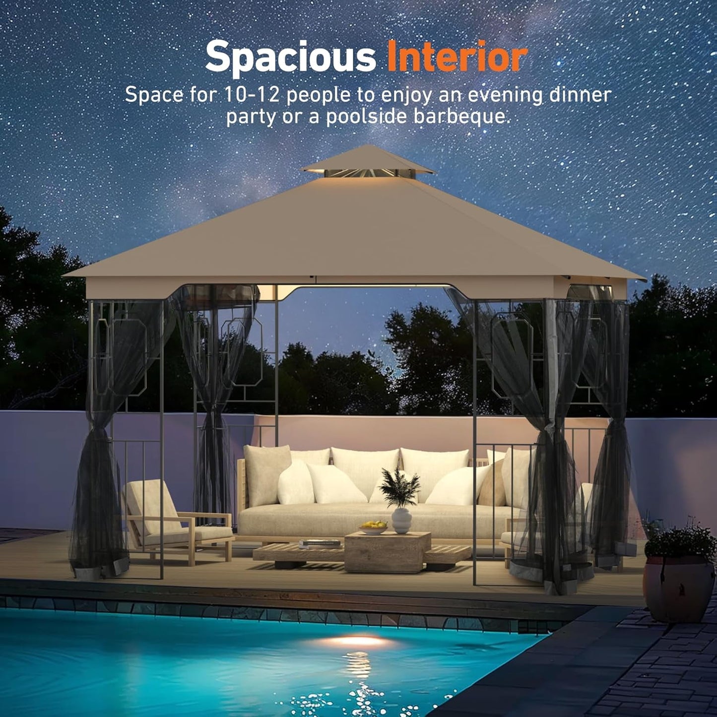 FONA 11'x11' Patio Gazebo with Netting&Double Roof,Ceiling Hooks,Pop-Up Canopy Tent for Lawn&Patio