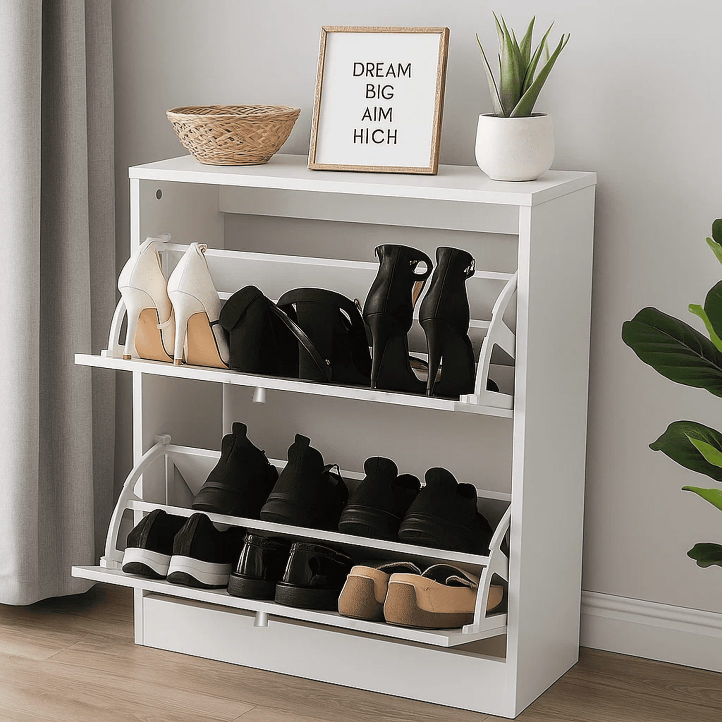 Dowellia 2 Drawer Shoe Cabinet,Wooden Shoes Organizer Cupboard Unit Hallway Furniture,freestanding Entryway 2 tier Modern Shoe Rack Cabinet Footwear Stand for Shoes (Marble White)