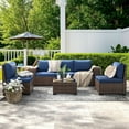 ELPOSUN Outdoor Sectional Furniture Set 6-Piece Brown Rattan Wicker Conversation Sofa Set with Glass Top Table and Waterproof Covers,Blue Cushions