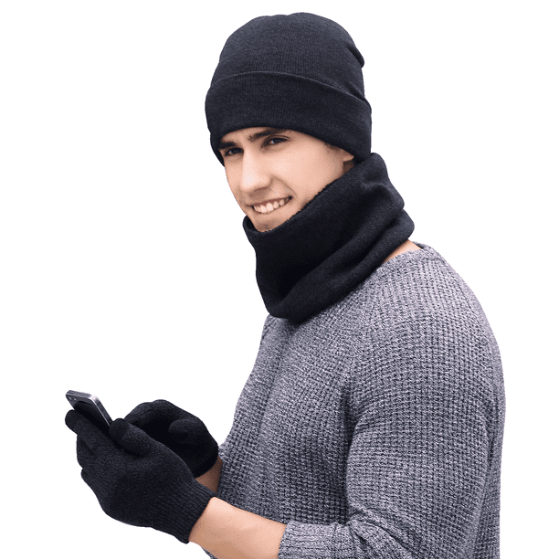 Alcaeus Winter Beanie Hat Scarf Touchscreen Gloves Set, Beanie Gloves Neck Warmer Set for Men and Women (Black)