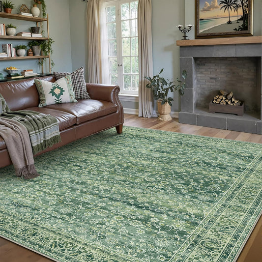 BERTHMEER 8'x10' Large Area Rugs for Living Room Vintage Green Carpets for Bedroom Office Machine Washable Farmhouse Dining Room Oriental Rugs Non Slip Traditional Floral Distressed Rugs