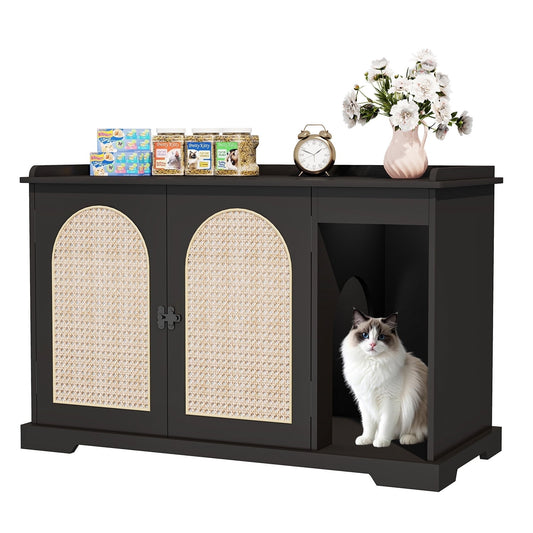 Bel Ark Hidden Cat Litter Box Furniture，Indoor Wooden Cat Litter Box Enclosure with Double Movable Doors and Divider for Living Room Washroom,Black